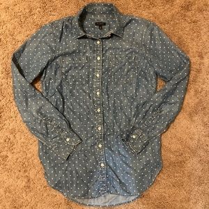 Talbots XS Women’s Denim Button Up Heart Pattern Long Sleeve Chambray Shirt
